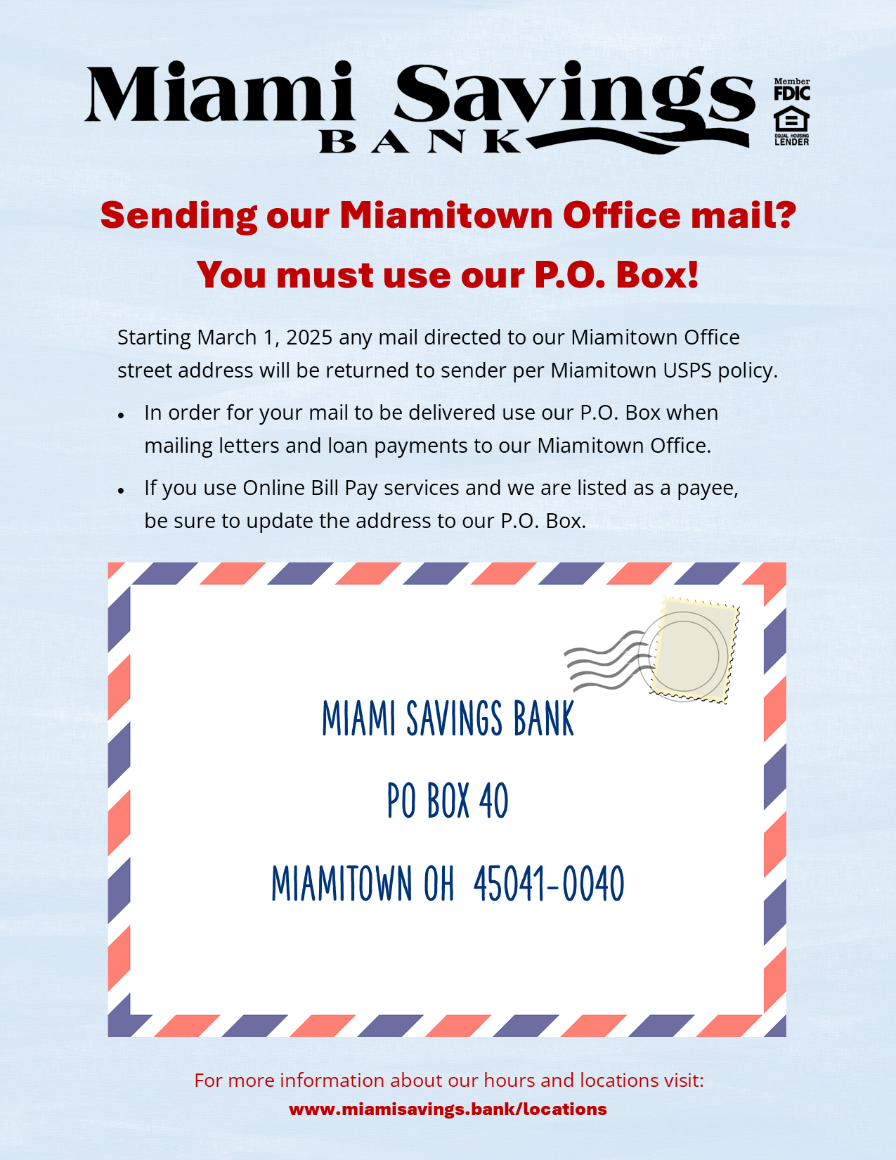 When sending mail to Miamitown please send to PO Box 40 Miamitown OH 45041