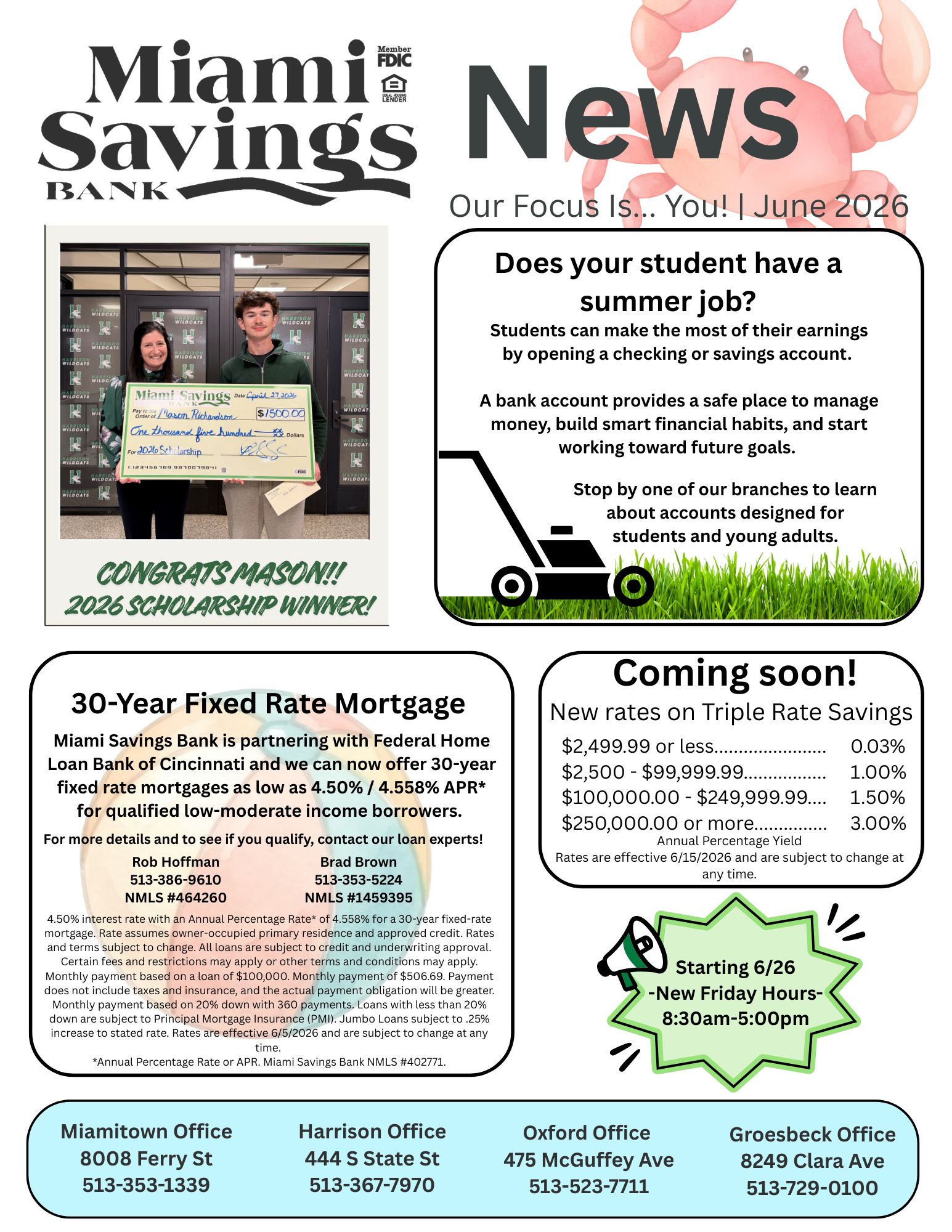 Miami Savings Bank News. Our focus is you. June 2026. Congrats Mason! 2026 Scholarship Winner! Does your student have a summer job? Students can make the most of their earnings by opening a checking or savings account. A bank account provides a safe place to manage money, build smart financial habits, and start working toward future goals. Stop by one of our branches to learn about accounts designed for students and young adults. Miami Savings Bank is partnering with Federal Home Loan Bank of Cincinnati and we can now offer 30-year fixed rate mortgages as low as 4.50% / 4.558% APR* for qualified low-moderate income borrowers. For more details contact our loan experts, Rob Hoffman (NMLS: 464260) at 513-386-9610 or Brad Brown (NMLS: 1459395) at 513-353-5224. Miami Savings Bank NMLS number 402771. Coming soon! New rates on Triple Rate Savings. $2,499.99 or less earns 0.03%. $2,500 - $99,999.99 earns 1.00%. $100,000.00 - $249,999.99 earns 1.50%. $250,000.00 or more earns 3.00%. Rates are Annual Percentage Yield. Rates are effective 6/15/2026 and are subject to change at any time. Starting June 26, 2026, our Friday hours are changing to 8:30am to 5:00pm. Our Miamitown branch is located at 8008 Ferry Street and can be reached at 513-353-1339. Our Harrison branch is located at 444 South State Street and can be reached at 513-367-7970. Our Oxford branch is located at 475 McGuffey Avenue and can be reached at 513-523-7711. Our new Groesbeck branch is located at 8249 Clara Avenue and can be reached at 513-729-0100.