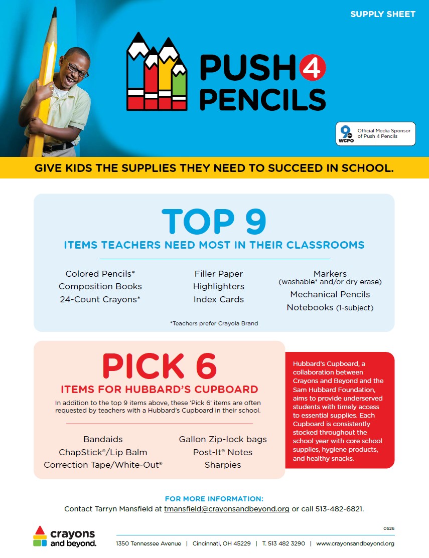 Supply Sheet. Push 4 Pencils. Give kids the supplies they need to succeed in school. Top 9 items teachers need most in their classrooms: Colored Pencils*, Composition Books, 24-Count Crayons*, Filler Paper, Highlighters, Index Cards, Markers (washable* and/or dry erase), Mechanical Pencils, and Notebooks (1-subject). * = Teachers prefer Crayola Brand. Pick 6 items for Hubbard’s Cupboard. Hubbard’s Cupboard, a collaboration between Crayons and Beyond and the Sam Hubbard Foundation, aims to provide underserved students with timely access to essential supplies. Each Cupboard is consistently stocked throughout the school year with core school supplies, hygiene products, and healthy snacks. Bandaids, ChapStick®/Lip Balm, Correction Tape/White-Out®, Gallon Zip-lock bags, Post-It® Notes, and Sharpies.  For more information: Contact Tarryn Mansfield at tmansfield@crayonsandbeyond.org or call 513-482-6821. Crayons and beyond. 1350 Tennessee Avenue | Cincinnati, OH 45229 | T. 513 482 3290 | www.crayonsandbeyond.org